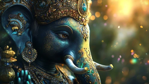 Golden light settles gently on a jeweled elephant deity