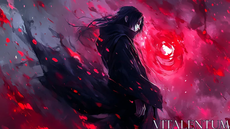 Dark cloaked figure stands before swirling red energy field