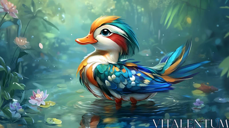 Colorful stylized duck standing in a calm forest pond.