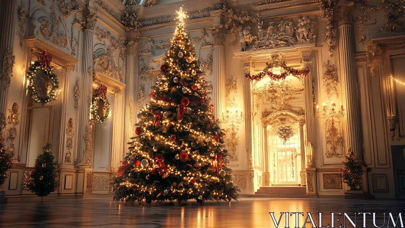 Golden holiday tree glowing inside a grand winter hall.