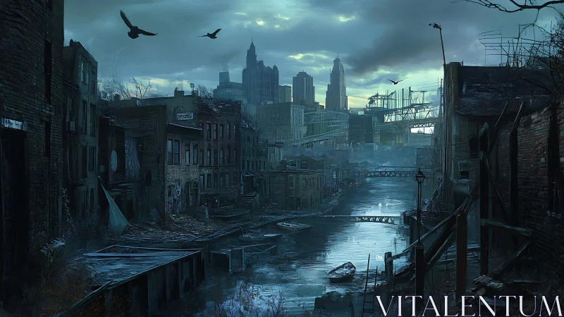 Desolate canal city awaits dawn beneath looming cold towers