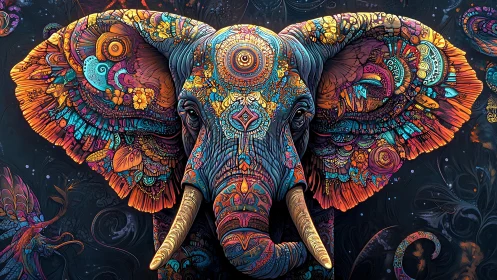Psychedelic elephant portrait glows with ornate mandala patterns.