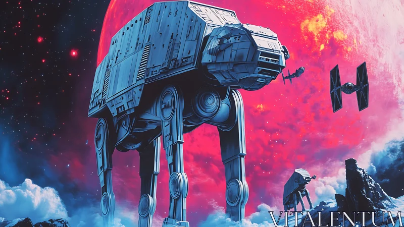 Colossal walkers advancing beneath a blazing red moon.