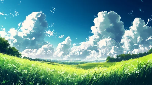 Digital landscape of grassy hills under cumulus clouds.