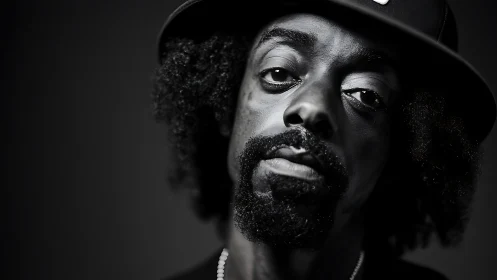 Moody black and white portrait with soulful quiet gaze.