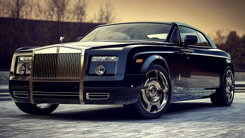 Luxury coupe renders with chrome grille in golden dusk light.