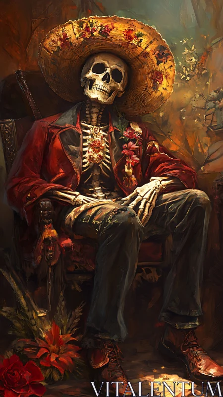 Relaxed skeleton in festive hat enjoying warm autumn glow.