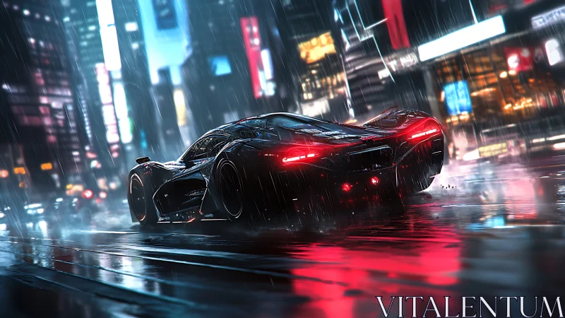Futuristic supercar drifts through neon city rainstorm night.