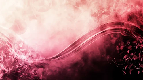 Curved translucent ribbon traverses pink smoke with floral overlays