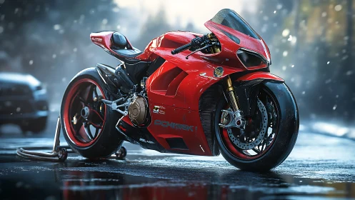 Red sport motorcycle stands on wet pavement in snowfall