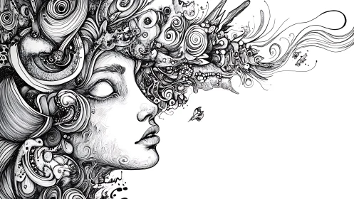 Ornate female profile with intricate swirling monochrome linework