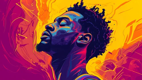 Neon-lit male portrait in expressive duotone vector gradients.