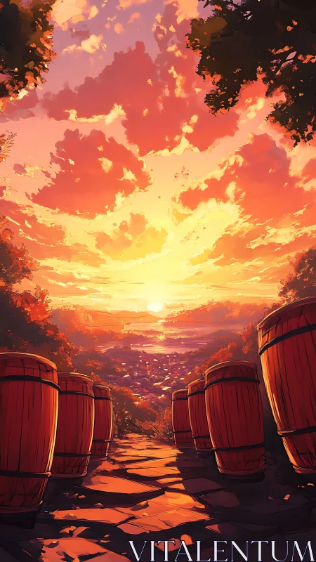 Barrels march downhill while the sunset paints their drums