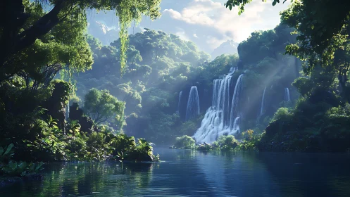 Lush tropical waterfall basin under volumetric morning light.