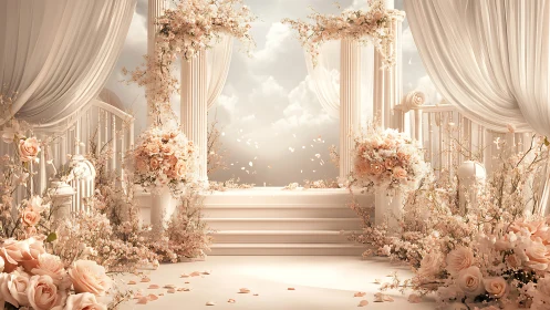 Soft rose garden altar among clouds and flowing drapery.