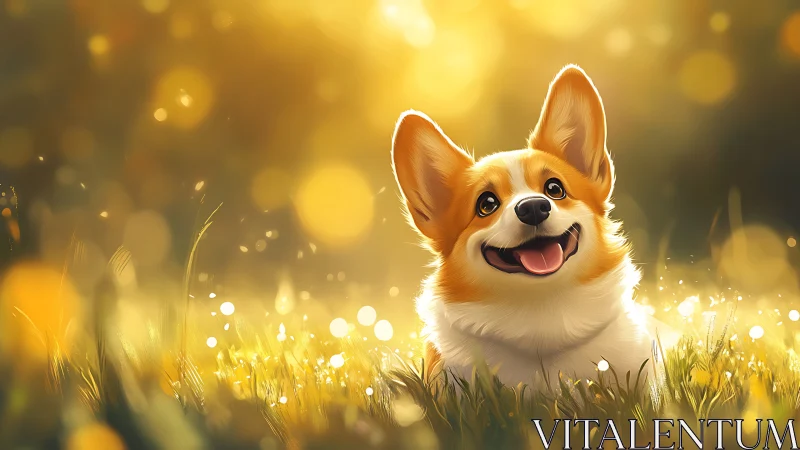 Sunlit corgi delight basking in a golden meadow glow.