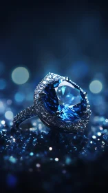 Blue gemstone ring rests on reflective granular surface