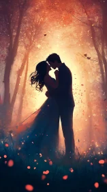 Silhouetted couple kissing in woodland setting with glowing atmospheric lighting