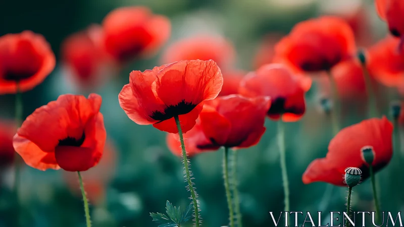 Red Poppies in Full Bloom with Blurred Background.