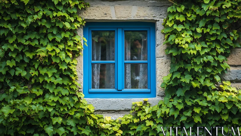 Bright blue cottage window rests amid lush green ivy