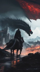 Armored rider confronts infernal dragon above razed stronghold
