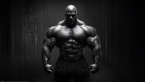 Ultra defined bodybuilder poses under dramatic rim light.