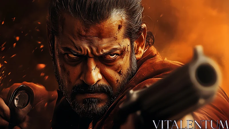 Intense gunman close up with shotgun in fiery backdrop.