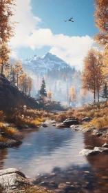 Snowcapped alpine peak above reflective autumn river corridor