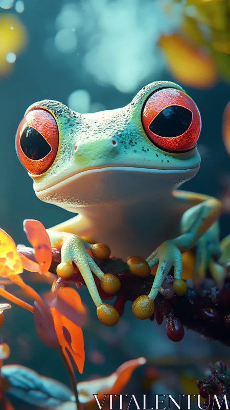 Ruby-eyed tree frog pauses on glowing rainforest perch.