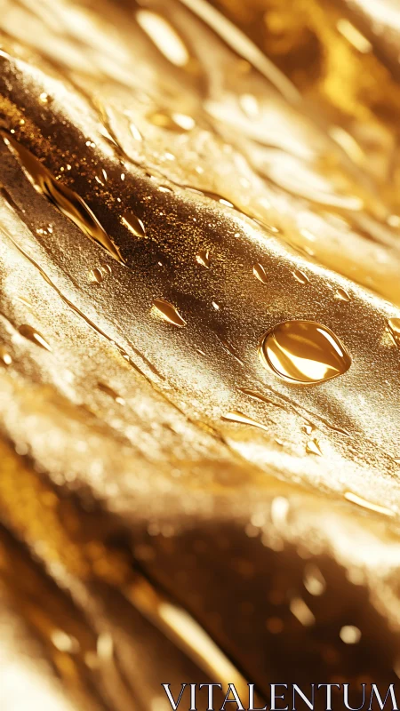 Macro view of liquid droplets on reflective gold surface.