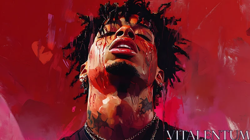 Expressive digital portrait in visceral crimson tonal palette