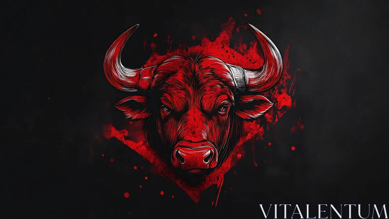 Red bull head illustration on dark splattered background.