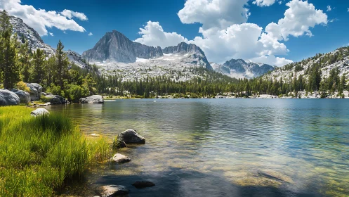 Granite alpine lake with conifer forest and high cirque under cumulus
