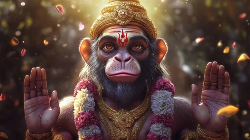 Divine monkey deity offers serene blessing in golden light