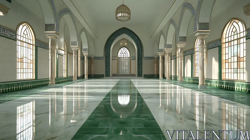 Emerald arches and mirrored marble in a tranquil mosque hall.