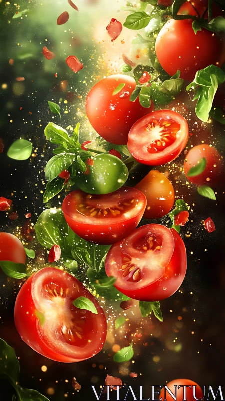 Digital painting of tomatoes and basil in dynamic vertical cascade.