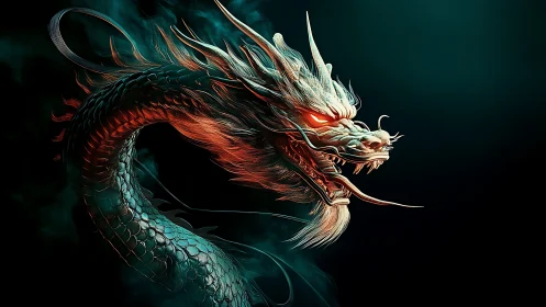 Bioluminescent dragon rendered in high-contrast digital chiaroscuro