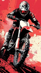 Motocross rider charges forward against splattered red backdrop.