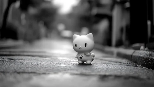 Monochrome vinyl cat figurine centered on wet city street.
