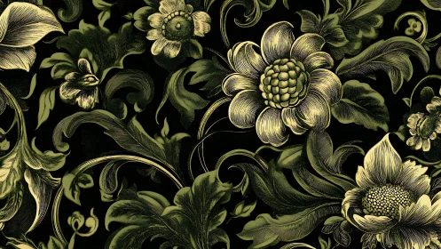 Golden Botanical Dance: Ornate Flowers in Emerald Tapestry.