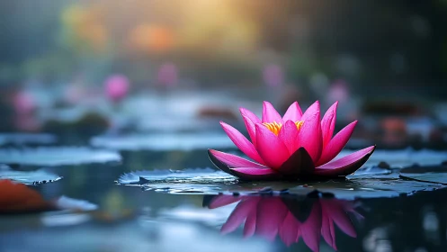 Pink water lily glows over still pond under soft sunrise light