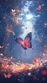Butterflies in illuminated forest clearing with soft light.