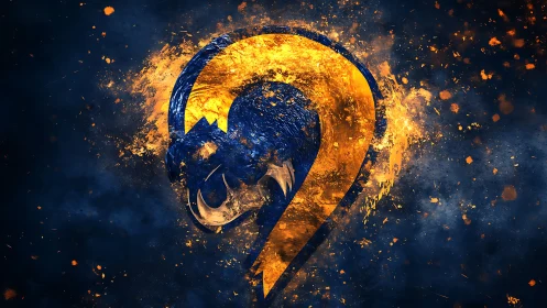 Curved emblem with ram skull rendered in textured blue and gold