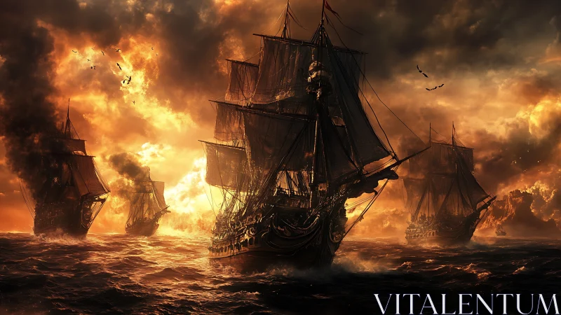 Warships under burning sky on rough evening sea.