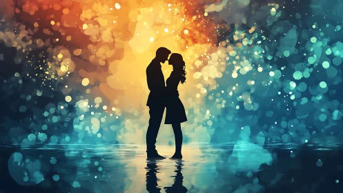 Two Silhouettes Kiss Under Cascading Bokeh Lights.