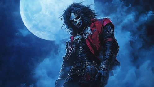 Moonlit bone-jester stalks the storm-lit midnight sky