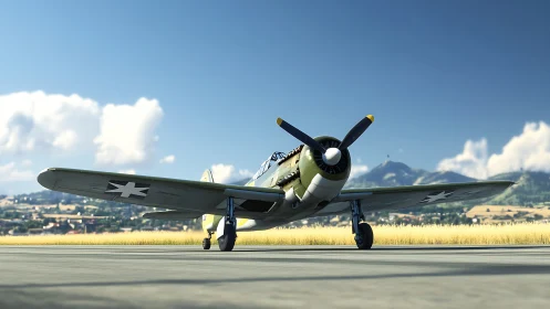 Vintage fighter aircraft stands on sunlit rural airstrip