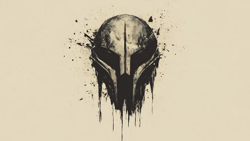 Ink-rendered warrior helmet with dripping paint forms.