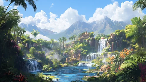 Mystical Tropical Paradise with Cascading Waterfalls and Ancient Ruins