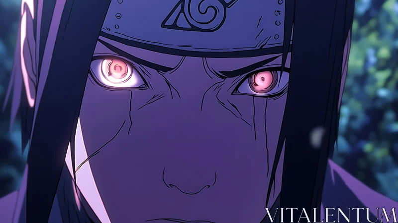 Intense anime warrior close-up with glowing cursed eyes.